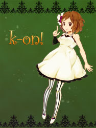 Rule 34 | 00s, 1girl, bad id, bad pixiv id, brown eyes, brown hair, don&#039;t say &quot;lazy&quot;, dress, female focus, full body, hirasawa yui, k-on!, kuro (greenhorn), pantyhose, short hair, solo, striped clothes, striped pantyhose, vertical-striped clothes, vertical-striped pantyhose