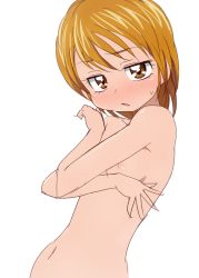 Rule 34 | 00s, 1girl, blush, breasts, brown eyes, brown hair, covering privates, futari wa precure, looking at viewer, misumi nagisa, nipples, nude, oimanji, precure, short hair, simple background, sketch, small breasts, solo, white background