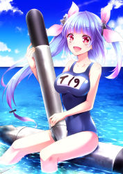 Rule 34 | 10s, 1girl, blue hair, blunt bangs, blush, bow, breasts, cloud, day, fang, hair bow, holding, i-19 (kancolle), kantai collection, large breasts, long hair, looking at viewer, multicolored hair, ocean, one-piece swimsuit, personification, red eyes, ringo ame, school swimsuit, sky, smile, solo, swimsuit, symbol-shaped pupils, torpedo, twintails, two-tone hair, very long hair