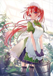 Rule 34 | 1girl, alternate costume, alternate hairstyle, apron, artist name, black gloves, black socks, blurry, blurry background, breasts, bucket, bucket of water, commentary, cropped legs, dress, enmaided, floating hair, garter straps, gloves, green dress, greenhouse, grin, head tilt, highres, hinasumire, holding, holding bucket, hong meiling, indoors, kneehighs, layered skirt, long hair, looking at viewer, maid, maid apron, maid headdress, medium breasts, parted bangs, plant, ponytail, qi maid, red eyes, red hair, skirt, smile, socks, solo, standing, thighhighs, touhou, very long hair