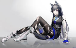 Rule 34 | 1girl, absurdres, animal ears, arknights, artist name, black vest, blue gloves, blue necktie, blue shorts, boots, collared shirt, ear piercing, fingerless gloves, gloves, gradient background, grey background, highres, long hair, looking at viewer, mackia, necktie, official alternate costume, on floor, pantyhose, pantyhose under shorts, piercing, shirt, shorts, simple background, sitting, solo, tail, texas (arknights), texas the omertosa (arknights), torn clothes, torn pantyhose, vest, white footwear, white shirt, wolf ears, wolf girl, wolf tail, yellow eyes