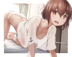 Rule 34 | 1girl, all fours, barefoot, breasts, brown eyes, brown hair, buck teeth, downblouse, highres, kabayaki namazu, kantai collection, no bra, no pants, on bed, see-through, short hair, small breasts, smile, solo, teeth, yukikaze (kancolle)