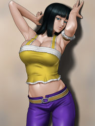 Rule 34 | 1girl, armpits, arms up, bare shoulders, belt, black hair, blue eyes, breasts, cleavage, highres, hip focus, huge breasts, karma-laboratory, legs, long hair, looking at viewer, midriff, navel, nico robin, one piece, pants, shadow, simple background, skypiea, solo, standing, thighs