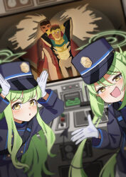 absurdres arms_behind_head black_tail blue_archive buttons demon_tail double-breasted fang gloves green_eyes green_hair green_halo halo hand_on_another&#039;s_head hat highres hikari_(blue_archive) homuri_(homuri_) invincible_(series) looking_at_viewer mark_grayson nozomi_(blue_archive) omni-man peaked_cap rabbit_pose siblings sisters smile tail train train_conductor train_interior twins white_gloves