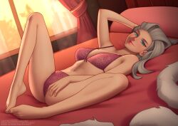 Rule 34 | 1girl, alternate costume, barefoot, bra, breasts, brown hair, closed mouth, commentary, creatures (company), curtains, deilan12, full body, game freak, green eyes, hand on own thigh, hand up, long hair, looking at viewer, lying, medium breasts, navel, nintendo, on back, panties, pokemon, pokemon sv, red bra, red panties, sada (pokemon), smile, solo, spread legs, toes, underwear, watermark, web address, window