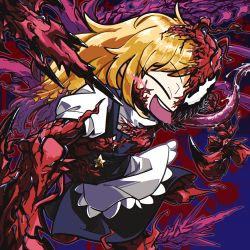 Rule 34 | 1girl, amerika zarigani, apron, black skirt, black vest, blonde hair, carnage (marvel), closed eyes, commentary request, cookie (touhou), corruption, feet out of frame, frilled apron, frills, highres, kirisame marisa, long tongue, marvel, medium hair, monster girl, open mouth, possessed, possession, puffy short sleeves, puffy sleeves, shirt, short sleeves, skirt, smile, star (symbol), suzu (cookie), symbiote, tongue, touhou, vest, waist apron, white apron, white shirt