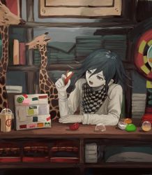 Rule 34 | 1boy, ako (td110349-7517), black hair, bookshelf, capsule, chair, checkered clothes, checkered scarf, cup, danganronpa (series), danganronpa v3: killing harmony, disposable cup, gashapon, giraffe, hair between eyes, highres, holding, indoors, long sleeves, male focus, open mouth, oma kokichi, pale skin, purple eyes, scarf, sitting, solo, straitjacket, table