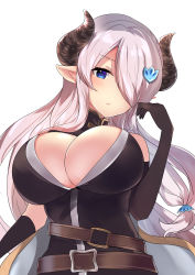 Rule 34 | 1girl, absurdres, bare shoulders, belt, belt buckle, black dress, black gloves, blue eyes, blush, breasts, brown belt, buckle, cleavage, closed mouth, commentary request, curled horns, draph, dress, elbow gloves, gloves, granblue fantasy, hair ornament, hair over one eye, hand up, highres, horns, large breasts, long hair, looking at viewer, narmaya (granblue fantasy), natsu (sinker8c), pointy ears, silver hair, simple background, solo, very long hair, white background
