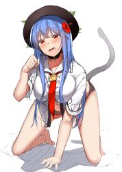 Rule 34 | 1girl, absurdres, breasts, cat tail, hait, highres, hinanawi tenshi, large breasts, neck bell, neropaso, no pants, paw pose, pet play, solo, tail, touhou