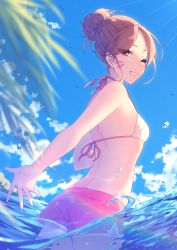 Rule 34 | 1girl, ;d, absurdres, alternate hair length, alternate hairstyle, ass, back, bikini, bikini top only, blue sky, breasts, brown hair, commentary, d.va (overwatch), day, english commentary, facial mark, flat ass, from below, hair bun, highres, looking at viewer, minekohana, ocean, official alternate costume, one eye closed, open mouth, outstretched hand, overwatch, overwatch 1, red eyes, short hair, short shorts, shorts, single hair bun, sky, small breasts, smile, solo, summer, swimsuit, symbol-only commentary, updo, wading, waveracer d.va, whisker markings