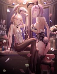 Rule 34 | 2girls, abigail williams (fate), alternate costume, animal ears, blonde hair, blue eyes, blush, breasts, champagne flute, commentary request, cup, detached collar, drinking glass, fake animal ears, fate/grand order, fate (series), forehead, hair over one eye, highres, kinom (sculpturesky), leotard, light purple hair, long hair, looking at viewer, mash kyrielight, multiple bows, multiple girls, pantyhose, parted bangs, playboy bunny, purple eyes, rabbit ears, rabbit tail, short hair, sidelocks, small breasts, tail, wrist cuffs