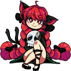 Rule 34 | 1girl, :3, ahoge, animal ears, black bow, black footwear, black nails, bow, cat ears, cat tail, doshmobile, dress, full body, green dress, hair bow, holding, kaenbyou rin, knee up, long hair, looking at viewer, nail polish, red eyes, red hair, shoes, simple background, sitting, skull, smile, solo, tail, thick eyebrows, touhou, transparent background, very long hair, white background