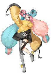 Rule 34 | 1girl, absurdres, arm up, black shorts, boots, character hair ornament, commentary, creatures (company), eyelashes, full body, game freak, green hair, grey footwear, grey pantyhose, hair ornament, highres, iono (pokemon), jacket, keibi inu, long hair, nintendo, open mouth, pantyhose, pink hair, pokemon, pokemon sv, sharp teeth, shorts, single leg pantyhose, solo, star (symbol), star print, teeth, thigh strap, tongue, twintails, upper teeth only, yellow jacket