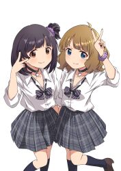 2girls absurdres ahoge black_choker black_hair black_nails black_socks blue_eyes bow bowtie brown_eyes brown_hair brown_shoes buttons checkered_clothes checkered_skirt choker collarbone concept_gyarus_(idolmaster) flat_chest grey_skirt gyaru gyaru_v hand_up heart heart_choker highres idolmaster idolmaster_million_live! idolmaster_million_live!_theater_days legs light_blush looking_at_viewer medium_hair multiple_girls nakatani_iku open_collar pleated_skirt scrunchie shirt shoes side_ponytail sidelocks skirt smile socks standing standing_on_one_leg striped_bow striped_bowtie striped_clothes suou_momoko v v-shaped_eyebrows wavy_hair white_background white_shirt wrist_scrunchie yukipo_p