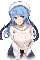 Rule 34 | 1girl, alternate costume, black skirt, blue eyes, blue hair, commentary request, cowboy shot, double bun, hair bun, hat, kantai collection, long hair, one-hour drawing challenge, ribbed sweater, sailor hat, senbei (senbe i), simple background, skirt, smile, solo, sweater, urakaze (kancolle), white background, white hat, white sweater