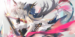 Rule 34 | 2girls, absurdres, arknights, bare shoulders, black hair, blood, breasts, ch&#039;en (arknights), chinese commentary, collarbone, commentary request, dragon girl, dragon horns, dragon tail, grey eyes, grey hair, head grab, highres, holding, holding sword, holding weapon, horns, incest, injury, large breasts, long hair, looking at another, multiple girls, off shoulder, red eyes, shirt, siblings, sisters, smile, sword, tail, talulah (arknights), twintails, viod yuhua, weapon, white shirt, yuri