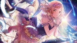 Rule 34 | 1girl, arm garter, bare shoulders, bow, breasts, brown eyes, bustier, cleavage, detached collar, dress, dutch angle, feathers, flower, frilled gloves, frilled skirt, frills, game cg, gloves, glowing feather, hair flower, hair ornament, high heels, idolmaster, idolmaster shiny colors, kneeling, light brown hair, looking at viewer, medium breasts, medium hair, multicolored clothes, multicolored skirt, neck ribbon, official art, outdoors, own hands together, parted lips, pink footwear, ribbon, sakuragi mano, shooting star, skirt, sky, sleeveless, sleeveless dress, solo, star (sky), star (symbol), starry sky, sun, thighhighs, white gloves