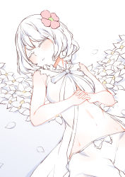Rule 34 | 1girl, absurdres, bare arms, bare shoulders, bloomers, breasts, choumi wuti (xueye fanmang zhong), closed eyes, commentary request, dress, flower, hair flower, hair ornament, highres, interlocked fingers, kudou chitose, lying, navel, nijisanji, on back, own hands together, parted lips, petals, red flower, sleeveless, sleeveless dress, small breasts, solo, underwear, virtual youtuber, white bloomers, white dress, white flower, white hair