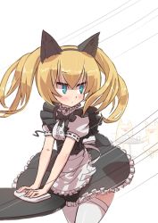 Rule 34 | 1girl, animal ears, artist name, blue eyes, blush, cat, cat ears, coffee (ecafree2), gothic lolita, hair between eyes, lolita fashion, long hair, maid, simple background, solo, table, thighhighs, twintails, white background, white thighhighs, zettai ryouiki