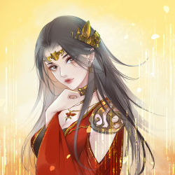 Rule 34 | 1girl, artist request, black hair, cai lin (doupo cangqiong), collar, detached sleeves, doupo cangqiong, dress, eyes visible through hair, from side, hair ornament, highres, jewelry, long hair, looking at viewer, metal collar, necklace, pointy ears, red dress, second-party source, solo, upper body, yellow background