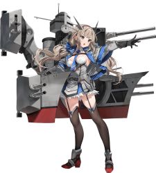 Rule 34 | 1girl, banned artist, black gloves, black legwear, blonde hair, blue necktie, blue ribbon, breasts, cannon, dress, full body, gloves, grey dress, grey eyes, headgear, high heels, kantai collection, large breasts, long hair, maryland (kancolle), necktie, non-web source, official art, parsley-f, pleated dress, ribbon, rigging, shirt, turret, twintails, white shirt