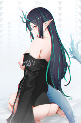 Rule 34 | 1girl, arknights, ass, black hair, black jacket, breasts, chinese commentary, commentary, covered erect nipples, dragon girl, dragon horns, dragon tail, dusk (arknights), facing away, flame-tipped tail, full body, green hair, highres, horns, jacket, large breasts, long hair, looking at viewer, multicolored hair, naked jacket, nipples, off shoulder, pointy ears, red eyes, seiza, sideways glance, simple background, sitting, slaz, solo, streaked hair, tail, flame-tipped tail, tail through clothes, white background