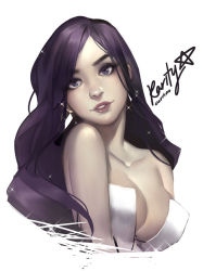 Rule 34 | 1girl, bare shoulders, breasts, cleavage, corrico, earrings, jewelry, lips, long hair, looking at viewer, medium breasts, my little pony, my little pony: friendship is magic, parted lips, personification, purple eyes, purple hair, rarity (my little pony), smile, solo, upper body