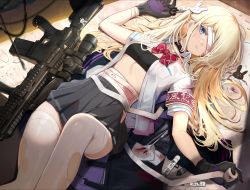 Rule 34 | 1girl, assault rifle, bad id, bad pixiv id, bandage over one eye, bandages, black gloves, black neckwear, blonde hair, blue eyes, bow, bowtie, breasts, choker, feet out of frame, gloves, gun, hair ornament, highres, holding, holding bandages, hukahire0120, leg up, long hair, looking at viewer, lying, on back, original, parted lips, pleated skirt, rabbit hair ornament, red bow, red bowtie, rifle, school uniform, shirt, short sleeves, skirt, small breasts, straight hair, teeth, thighhighs, weapon, white shirt, white thighhighs