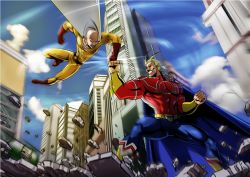 Rule 34 | 10s, 2boys, airborne, all might, bald, battle, belt, belt buckle, blonde hair, blue sky, bodysuit, boku no hero academia, boots, buckle, building, cape, cityscape, clenched hands, cloud, crossover, day, gloves, graphite (medium), grin, ground shatter, hair slicked back, happy, in air, male focus, manly, multiple boys, muscular, one-punch man, outdoors, punching, red gloves, royzart, saitama (one-punch man), sky, smile, standing, superhero costume, teeth, traditional media, yagi toshinori