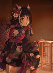 Rule 34 | 1girl, absurdres, animal ear fluff, animal ears, back bow, barefoot, black flower, black hair, black kimono, black rose, blush, bow, brown background, cat ears, cat girl, cat tail, fang, fang out, fang qiao, floral print, flower, from behind, gradient background, green eyes, hair flower, hair ornament, highres, holding, japanese clothes, karyl (new year) (princess connect!), karyl (princess connect!), kimono, long hair, long sleeves, looking at viewer, looking back, pink bow, princess connect!, print kimono, red flower, rose, solo, squatting, tail, v-shaped eyebrows, white flower, white rose, wide sleeves