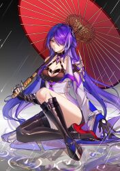Rule 34 | 1girl, absurdres, acheron (honkai: star rail), asymmetrical footwear, black choker, black gloves, black shorts, boots, breasts, chain, chinese commentary, choker, cleavage, coat, coattails, commentary request, detached sleeves, gloves, hair over one eye, highres, holding, holding umbrella, honkai: star rail, honkai (series), long hair, midriff, multicolored hair, oil-paper umbrella, on ground, purple eyes, purple hair, rain, red umbrella, ripples, short shorts, shorts, single bare shoulder, sitting, slowfrost, solo, streaked hair, thigh boots, umbrella, white coat
