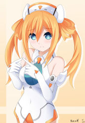 Rule 34 | 10s, 1girl, bad id, bad pixiv id, bare shoulders, blue eyes, blush, breasts, covered navel, elbow gloves, female focus, gloves, keenh, long hair, looking at viewer, neptune (series), orange hair, orange heart (neptunia), power symbol, power symbol-shaped pupils, shin jigen game neptune vii, solo, symbol-shaped pupils, tennouboshi uzume, twintails, white gloves