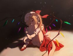 Rule 34 | 1girl, absurdres, back bow, blonde hair, bloomers, bow, closed mouth, commentary, crystal, flandre scarlet, full body, gu0st, hat, hat ribbon, highres, hugging own legs, light particles, long hair, looking at viewer, mary janes, mob cap, one side up, pointy ears, puffy short sleeves, puffy sleeves, red eyes, red footwear, red ribbon, red skirt, red vest, ribbon, shirt, shoes, short sleeves, sitting, skirt, socks, solo, touhou, underwear, vest, white hat, white shirt, white socks, wings