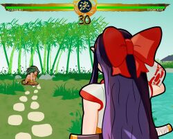 Rule 34 | 2girls, absurdres, ainu clothes, animal ears, arm support, cat ears, cat girl, cham cham, closed eyes, gameplay mechanics, green hair, hair ribbon, highres, long hair, multiple girls, nakoruru, pointy hair, purple hair, ribbon, samurai spirits, scratching head, sitting, smile, snk, the king of fighters, the king of fighters xiv, weapon