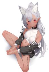 Rule 34 | 1girl, absurdres, animal ears, bare legs, bare shoulders, barefoot, black choker, black jacket, black shorts, breasts, butterfly sitting, choker, choko (hrodvitnir), collarbone, commission, crop top, dark-skinned female, dark skin, extra ears, feet, fox ears, grey hair, highres, holding own foot, jacket, long hair, long sleeves, looking at viewer, medium breasts, micro shorts, midriff, navel, off shoulder, open clothes, open fly, open jacket, original, pharamacom, pointy ears, ponytail, red eyes, shirt, shorts, simple background, sitting, sleeveless, sleeveless shirt, smile, solo, stomach, thighs, very long hair, white background, white shirt