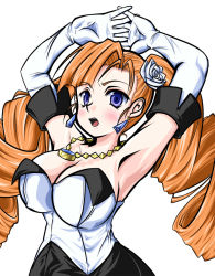 Rule 34 | 1girl, aq interactive, arcana heart, arcana heart 2, arms up, atlus, bare shoulders, blush, breasts, cleavage, drill hair, earrings, elbow gloves, examu, female focus, gloves, jewelry, necklace, open mouth, petra johanna lagerkvist, plant, simple background, solo, white background