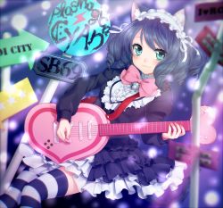 Rule 34 | 10s, 1girl, animal ears, aqua eyes, bad id, bad pixiv id, bell, black hair, bonnet, bow, cat ears, cyan (show by rock!!), drill hair, electric guitar, gothic lolita, gradient background, guitar, highres, instrument, juliet sleeves, lolita fashion, long sleeves, looking at viewer, nanamiya, puffy sleeves, show by rock!!, sign, solo, striped clothes, striped thighhighs, thighhighs, zettai ryouiki