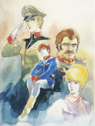 Rule 34 | 1970s (style), 2boys, 2girls, amuro ray, belt, blonde hair, boots, brown hair, concept art, crowley hamon, earth federation, earth federation space forces, emblem, facial hair, gloves, gundam, hat, highres, insignia, looking at viewer, manly, matilda ajan, military, military uniform, mobile suit gundam, multiple boys, multiple girls, mustache, official art, oldschool, painting (medium), production art, promotional art, ramba ral, retro artstyle, salute, scarf, science fiction, serious, signature, sitting, traditional media, uniform, watercolor (medium), yasuhiko yoshikazu, zeon