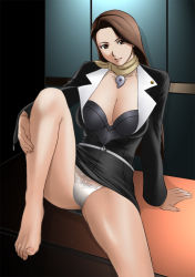 Rule 34 | 1girl, ace attorney, arisawa masaharu, arm support, barefoot, belt, breasts, brown eyes, brown hair, business suit, bustier, buttons, capcom, cleavage, clothes lift, crotch, desk, dress, dress lift, earrings, feet, female pubic hair, formal, grin, hand on leg, head tilt, indoors, jewelry, knee up, lace, lace-trimmed panties, lace trim, large breasts, lipstick, long hair, long sleeves, magatama, makeup, mia fey, mature female, mole, mole under mouth, non-web source, on desk, panties, pantyshot, pencil skirt, phoenix wright, pubic hair, scarf, see-through, shadow, short dress, sitting, skirt, smile, solo, spread legs, stud earrings, suit, toes, underwear, unzipped, upskirt, zipper