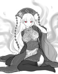 Rule 34 | 1girl, breasts, china dress, chinese clothes, dress, garter straps, greyscale, hat, highres, junko (touhou), large breasts, long hair, monochrome, no nose, pointy ears, raptor7, red eyes, sitting, solo, spot color, thighhighs, touhou