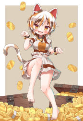 Rule 34 | 1girl, :3, :d, animal ears, arinu, barefoot, bell, border, breasts, brown hair, calico, cat ears, cat tail, clenched hands, coin, fang, full body, gold, goutokuji mike, grey background, hair between eyes, highres, koban (gold), leg up, looking at viewer, maneki-neko, medium breasts, multicolored clothes, multicolored hair, multicolored shirt, multicolored shorts, multicolored tail, navel, neck bell, open mouth, orange hair, shorts, simple background, smile, solo, streaked hair, tail, touhou, treasure chest, v-shaped eyebrows, white border, white hair, yellow eyes