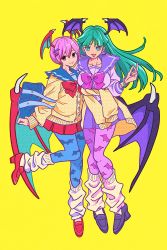 Rule 34 | 2girls, :d, alternate costume, animal print, bag, bat print, bat wings, bow, breasts, commentary, demon girl, english commentary, flat chest, full body, green eyes, green hair, head wings, highres, large breasts, lilith aensland, long hair, looking at viewer, morrigan aensland, motozaki mio, multiple girls, open mouth, pantyhose, pink hair, school bag, school uniform, short hair, smile, standing, vampire (game), wings, yellow background