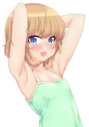 Rule 34 | 10s, 1girl, :d, armpits, arms behind head, bad id, bad pixiv id, bare arms, bare shoulders, blonde hair, blue eyes, camisole, casual, commentary request, covered navel, fang, flat chest, girls und panzer, green shirt, itou ayachi, katyusha (girls und panzer), looking at viewer, open mouth, revision, shirt, short hair, simple background, sleeveless, smile, solo, spaghetti strap, standing, sweat, upper body, white background