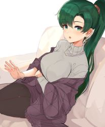 Rule 34 | 1girl, absurdres, blush, breasts, commentary request, couch, earrings, fire emblem, fire emblem: the blazing blade, green hair, highres, jewelry, lap pillow invitation, long hair, long sleeves, looking at viewer, lyn (fire emblem), medium breasts, necklace, nintendo, open mouth, ormille, ponytail, simple background, sitting, skirt, solo, sweater, unfinished