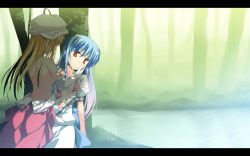Rule 34 | 2girls, back, blonde hair, blue hair, breasts, elbow gloves, female focus, forest, gloves, hat, hinanawi tenshi, letterboxed, long hair, multiple girls, nature, nu (plastic eraser), open clothes, open shirt, ribbon, ruined for marriage, shirt, sideboob, small breasts, topless, touhou, tree, yakumo yukari, yuri