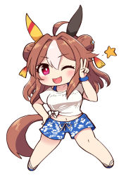 Rule 34 | 1girl, ahoge, alternate costume, animal ears, brown hair, copano rickey (umamusume), double bun, ear covers, gaze on me! outfit (umamusume), hair between eyes, hair bun, hand on own hip, highres, horse ears, horse girl, horse tail, long hair, looking at viewer, midriff, navel, one eye closed, open mouth, red eyes, sandals, shirt, short sleeves, simoyuki, simple background, smile, solo, tail, tied shirt, umamusume, v, white background, white shirt