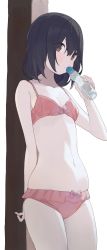 Rule 34 | 1girl, bikini, black hair, bottle, breasts, brown eyes, closed mouth, eyes visible through hair, hair between eyes, highres, hiroki (yyqw7151), holding, holding bottle, looking at viewer, navel, original, red bikini, short hair, simple background, small breasts, solo, swimsuit, white background