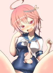 Rule 34 | 10s, 1girl, blush, breasts, clothing aside, hair ornament, heart, heart-shaped pupils, i-58 (kancolle), kantai collection, ken (koala), looking at viewer, medium breasts, out-of-frame censoring, personification, pink background, pink eyes, pink hair, saliva, school swimsuit, school uniform, serafuku, short hair, simple background, solo, spread legs, swimsuit, swimsuit aside, swimsuit under clothes, symbol-shaped pupils, torn clothes, torn swimsuit