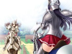 Rule 34 | 10s, 2girls, armor, armored boots, black hair, boots, brown hair, character request, game cg, gauntlets, green eyes, grey footwear, helmet, holding, holding weapon, horse, barding, lance, long hair, armored boots, multiple girls, polearm, ryuuzouji akane, sabatons, shoulder armor, skirt, pauldrons, thigh boots, thighhighs, walkure romanze, weapon, zettai ryouiki