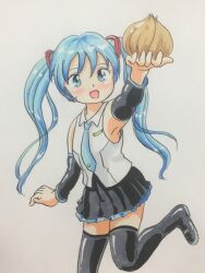 Rule 34 | 1girl, arm up, black footwear, black skirt, blue eyes, blue hair, blue necktie, blush, boots, detached sleeves, food, grey shirt, hair ornament, hatsune miku, headset, holding, long hair, long sleeves, marup, necktie, onion, open mouth, shirt, skirt, sleeveless, sleeveless shirt, smile, standing, standing on one leg, thigh boots, twintails, vocaloid, white background